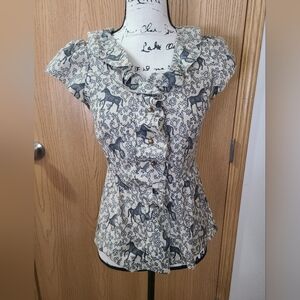 Vanessa Virginia Anthropologie Silk Blend Horse Print Victorian Horse Print Top